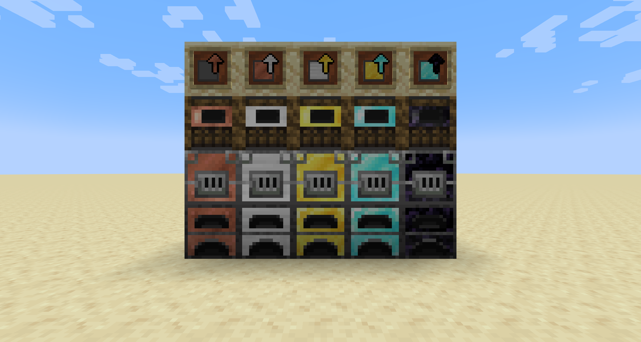 Медная, железная, золотая, алмазная и обсидиановая печи с предметами для улучшения над ними